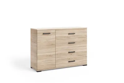 Produktbild von Kommode FINO II mit 4 Schubladen und Tür, Sideboard mit Stauraum, Wohnzimmerschrank für Wohnzimmer, Schlafzimmer und Esszimmer, Braun, Eiche Sonoma