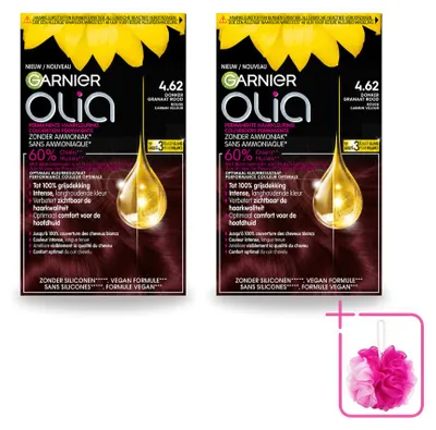 Image de 2 x Garnier Olia 4.62, coloration permanente pour cheveux - Rouge granat foncé - Sans ammoniaque - Pack économique - 2 pièces