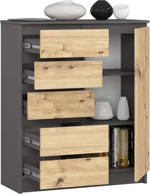 Produktbild von BDW - Kommode 5 Schubladen, Wohnzimmer, Flur 80x97x35, Grau / Eiche-Artisan