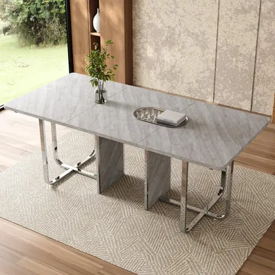 Obrázek produktu pro Jídelní stůl, rozměry 180 x 80 x 75 cm, obdélníkový jídelní stůl s robustními kovovými nohami, deska z MDF, stabilní konstrukce, snadno udržovatelný povrch, barva šedá a stříbrná