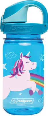 A blue Nalgene water bottle with a unicorn and rainbow design.