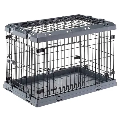 A dog crate on a white background.