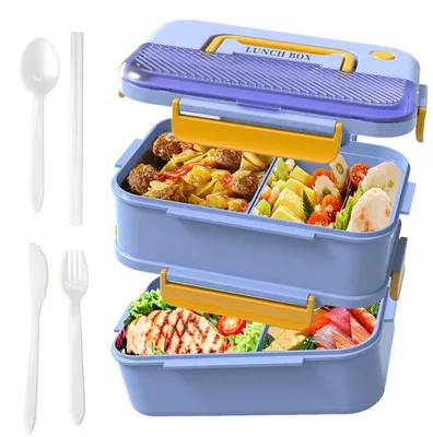 Produktbild von 2-in-1 Lunchbox 100% auslaufsicher – Doppellagig, inkl. 4-teiligem Besteck – Mikrowellen- & spülmaschinenfest – Für Erwachsene & Kinder