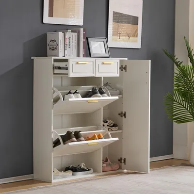 Image de Meuble de rangement pour chaussures avec 2 tiroirs et 2 portes, de couleur blanche, dimensions : 95 x 24 x 107 cm