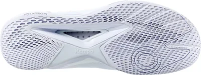 The sole of a white handball shoe is shown against a white background.