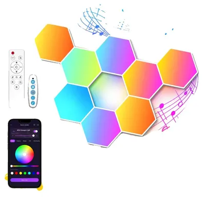 Obrázok produktu pre LED panely v tvare šesťuholníka, synchronizácia s hudbou, ovládanie cez aplikáciu a diaľkové ovládanie, sada 8 kusov