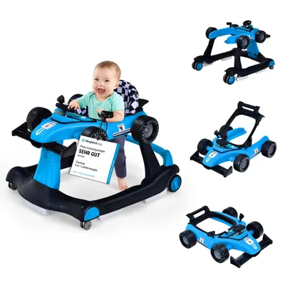 Produktbild von COSTWAY 4 in 1 Lauflernwagen mit einstellbarer Höhe und Geschwindigkeit, Babykart mit Anti-Rutsch-Pads, Klappbarer Baby Walker mit Universalrädern, Musikbox und Licht für 6-18 Monaten Kinder(Blau)