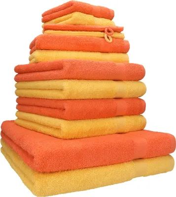 Produktbild von Betz 12-tlg. Handtuch-Set PREMIUM 2 Duschtücher 4 Handtücher 2 Gästetücher 2 Seiftücher 2 Waschhandschuhe  Farbe: honiggelb / blutorange