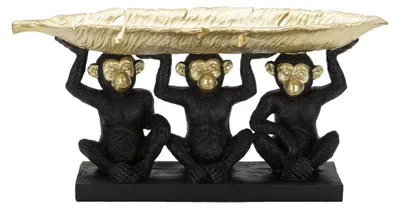 Immagine prodotto di Scultura Tre Scimmie Sagge con vassoio a foglia in resina nera e oro