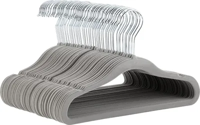 Produktbild von Amazon Basics Kinder-Kleiderbügel aus Samt, rutschfeste Kleiderbügel für Babys und Kleinkinder, 29 cm, 50er-Pack, Grau