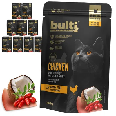 Obrázok produktu pre BULTI | Krmivo pre mačky s kuracím mäsom, kokosom a bobuľami – súprava mokrého krmiva, 10 vrecúšok po 100 g – krmivo pre psov s kokosom pre mačky