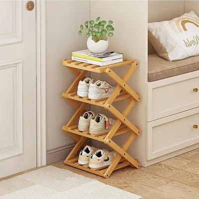 Produktbild von Schuhregal, Faltbares Schuhregal Aus Bambus, Freistehendes Regal, Geeignet Für Eingangsbereich, Kleiderschrank, Schlafzimmer, Flur (Vier Schichten)