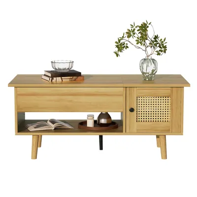 Produktbild von Eleganter Couchtisch mit anhebbarer Tischplatte und Rattan-Türen,Holzfarbe mit schwarzen Akzenten,Praktischer Stauraum und funktionales Design