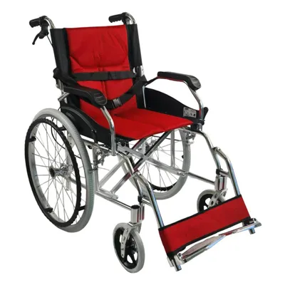 Produktbild von abc HOME Leichtgewichtrollstuhl Aluminium 11 kg – Faltbar & Kompakt – Rot/Schwarz – Belastbar bis 120 kg – Mit Handbremse & Feststellbremse