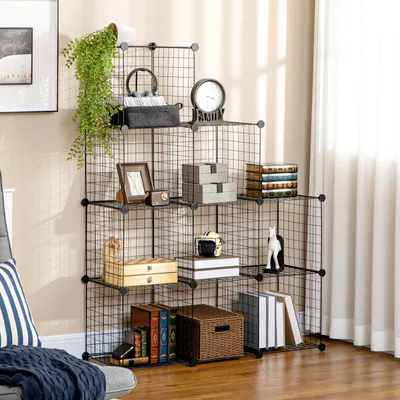 Produktbild von SUGIFT Steckregal Drahtgitter ABS-Verbinder, Würfelregal 9 Fächer modular, Metallregal flexibel, Schwarz | 9 Würfel | 30 kg | 105 x 35 x 105 cm
