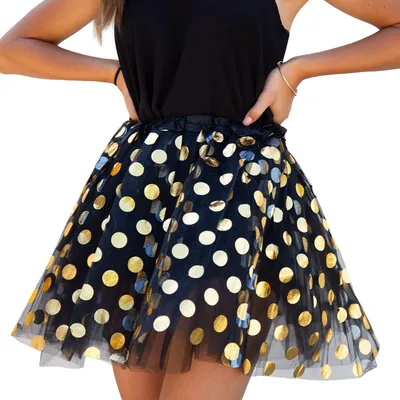 Produktbild von Oblique Unique Tutu Tütü Damen Rock Tüllrock Kostüm Accessoire Fasching Karneval 60 cm - 116 cm schwarz gold gepunktet