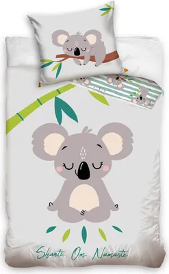 A bedding set featuring a meditating koala illustration.
