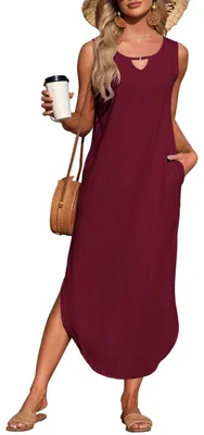 Productafbeelding van AUSELILY Zomerjurk voor dames, maxi-model, mouwloos, bordeauxrood, maat L