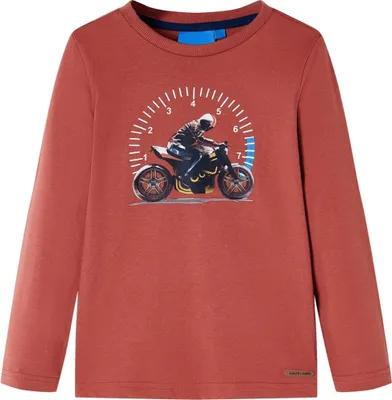 Produktbild von Kinder-Langarmshirt mit Motorrad-Aufdruck, Größe 104, Farbe Henna, 100 % Baumwolle