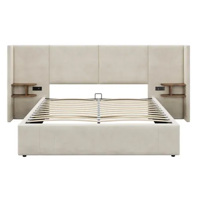 Produktbild von Flieks Polsterbett 160x200cm mit Ladefunktion (USB & Steckdose), Boxspringbett Doppelbett mit 2 Nachttischen, Holzbett mit Lattenrost, Samt, Beige