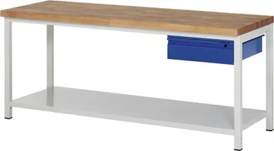 Produktbild von Werktisch, Werkbank, Buche-Massiv-Platte 40mm, höhenverstellbar 840 - 1.040 mm, Tiefe 700 mm, 1 Boden, 1 Schublade, Breite 2.000 mm