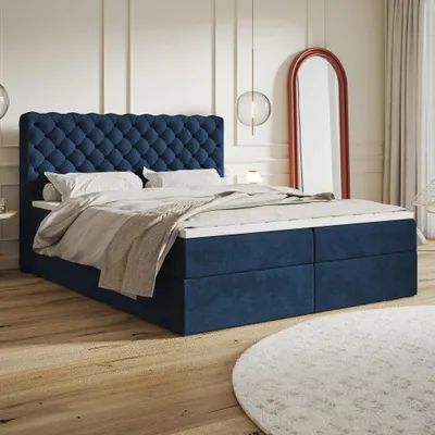 Produktbild von MOTIVENA Nero Chesterfield Boxspringbett 180x200 Blau Samt (Kronos 09), Bonellfederkern-Matratze (H4), T28 Komfortschaumstoff Topper (H3)