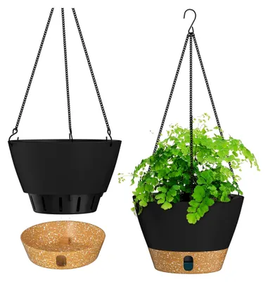 Produktbild von Hängetopf für Pflanzen, 25 cm Blumentopf, hängend, Kunststoff mit Untersetzer für Außenbereich, Deko für Garten, Balkon, Wohnzimmer (2er-Set, Dunkelgrau)