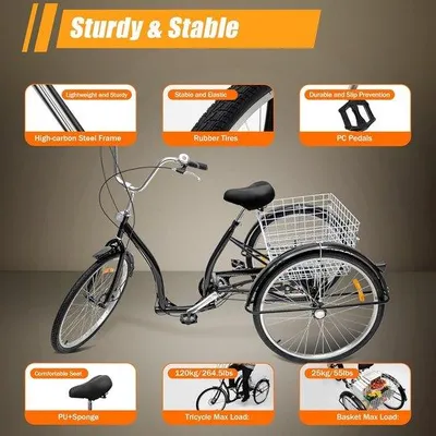 Productafbeelding van Volwassen Driewieler - Driewieler met mand - Boodschappen doen - Zes versnellingen - 26 inch - Zwart