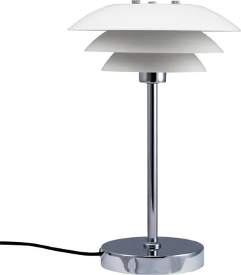A white and chrome table lamp with three tiered shades is shown against a white background.