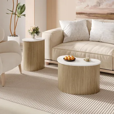 Image de Merax ensemble minimaliste de tables basses en marbre et veines de bois, table d'appoint scandinave 2 en panneau de fibres haute densité, naturel
