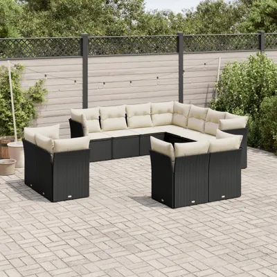 Produktbild von Design 11-tlg. Garten-Sofagarnitur mit Kissen Schwarz Poly Rattan, Gartenmöbel-Sets 2024 Neu