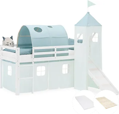 Image de Lit superposé 90x200 cm avec Toboggan Matelas Lit mezzanine en Bois Pin Massif Lit d'enfant Rideau Tour Tunnel Vert