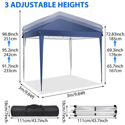 Obrázek produktu pro Mobilní zahradní pavilón – skládací pavilón – 3 x 3 metry – materiál Oxford – výška nastavitelná ve třech úrovních – ochrana proti UV záření – odolný proti větru a vodě – tmavě modrá barva