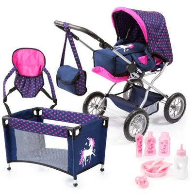 Produktbild von Bayer Design 15054AB Kombi-Puppenwagen Grande Mega Set mit Puppenbett, Tasche, Puppentrage, blau, rosa, Einhorn