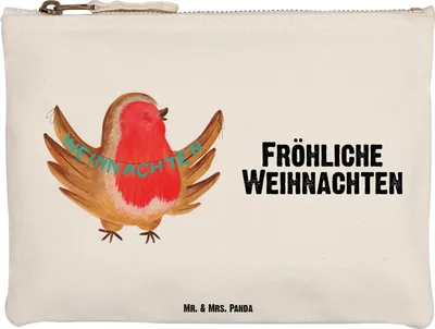 Produktbild von Mr. & Mrs. Panda Kosmetiktasche Rotkehlchen Weihnachten Größe M - Weiß - Geschenk, beauty case, Schminktäschchen, kosmetiktäschchen, Heiligabend, Vogel, Winter, Frohe