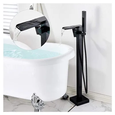 Produktbild von Freistehende Badewannenarmatur mit Wasserfall, schwarze Mischbatterie und Handbrause, bodenmontierter Messinghahn