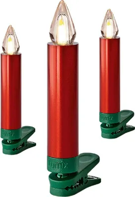 Three red LED candles with green clips.