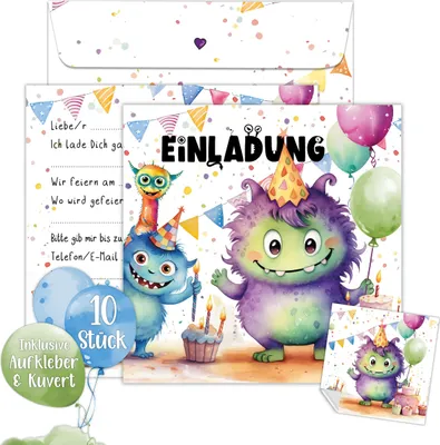 Produktbild von Monster Einladung Kindergeburtstag Junge | XXL Monster Einladungskarten Geburtstag 15 x 15 cm | 10er Set mit Umschlägen & Stickern | Geburtstagseinladungen Jungen
