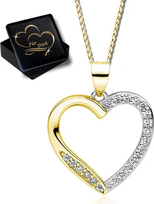 Produktbild von 50cm Halskette Herz 925 Silber Gold mit Zirkonia Anhänger für Frauen Damen Kette mit Herz Herzkette Bicolor K865 + V11