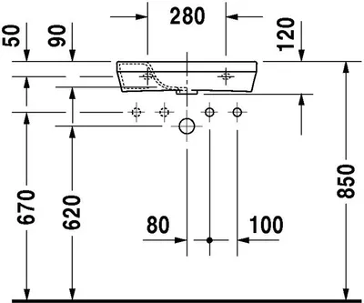 A technical drawing with dimensions of a Duravit hand washbasin.