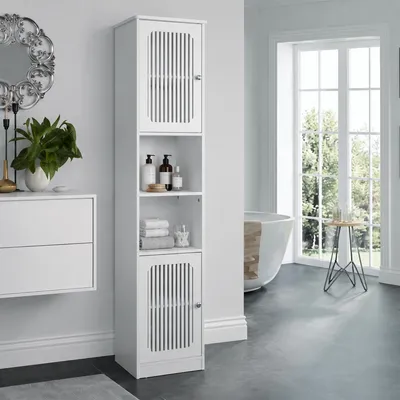 Productafbeelding van 163 cm hoge badkamermeubel in wit – vrijstaand model met een lamellentje en open vakken