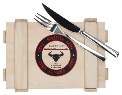 Produktbild von Justinus 8tlg BBQ Steakbesteck-Set für 4 Personen Messer Gabel inkl Holz-Kiste