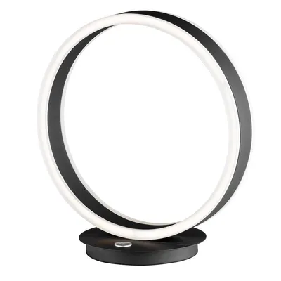 A modern black and white circular LED table lamp on a black base, isolated on a white background.