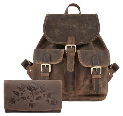 Produktbild von Damen-Rucksack aus Leder T-16-BR + Damen-Brieftasche T-01-BR Geschenkset ZUP-26-BR