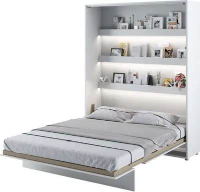 A wall bed with shelves is open and a mattress is visible.