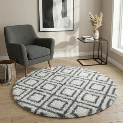 Obrázek produktu pro Kulatý, huňatý koberec do obývacího pokoje, protiskluzový, měkký a nadýchaný, rozměry 140 x 140 cm, bílý, tvar krychle