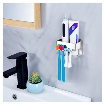 Produktbild von Zahnbürstenhalter Wand, Zahnbürstenhalter Elektrische Zahnbürste Halter Ohne Bohren, Aufsteckbürsten Halter Selbstklebend Zahnpastaspender,Zahnbürsten Halterung Bad Bürstenhalter(Silber, Klein)