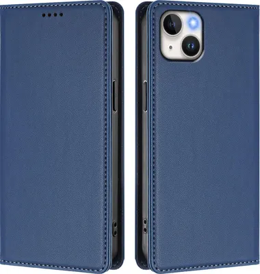 Image de Étui en cuir pour iPhone 15 Plus, étui à rabat magnétique en cuirPolyuréthaneavec support, bleu foncé
