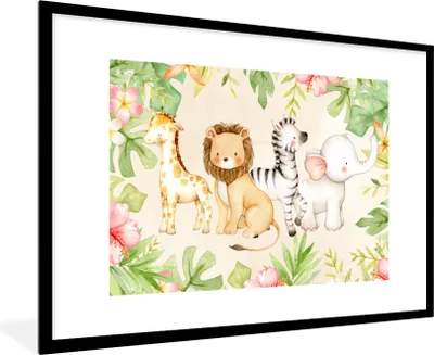 Produktbild von MuchoWow® MuchoWow® Gerahmtes Poster Dschungel - Tiere - Blumen - Pflanzen 90x60 cm - Poster mit zchwarzem Bilderrahmen - Wanddekoration - Fotos