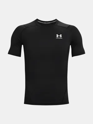 A black short-sleeved t-shirt with a white Under Armour logo on the chest, displayed on a plain white background.